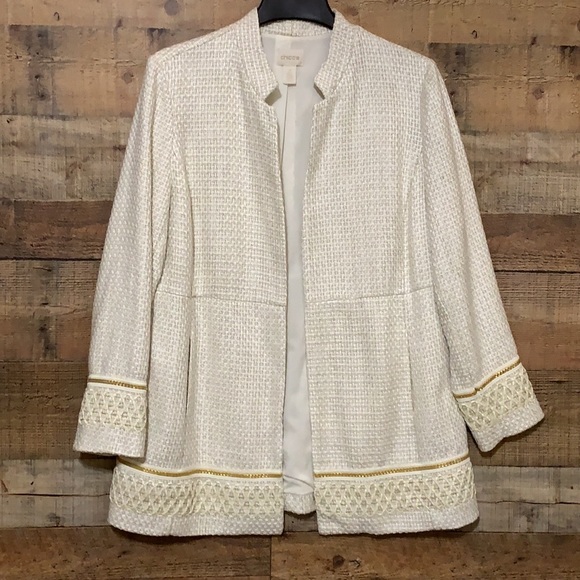 CHICOS Tweed Textured Embellished Trim Tunic Length Jacket Size 2 Large - Picture 3 of 11